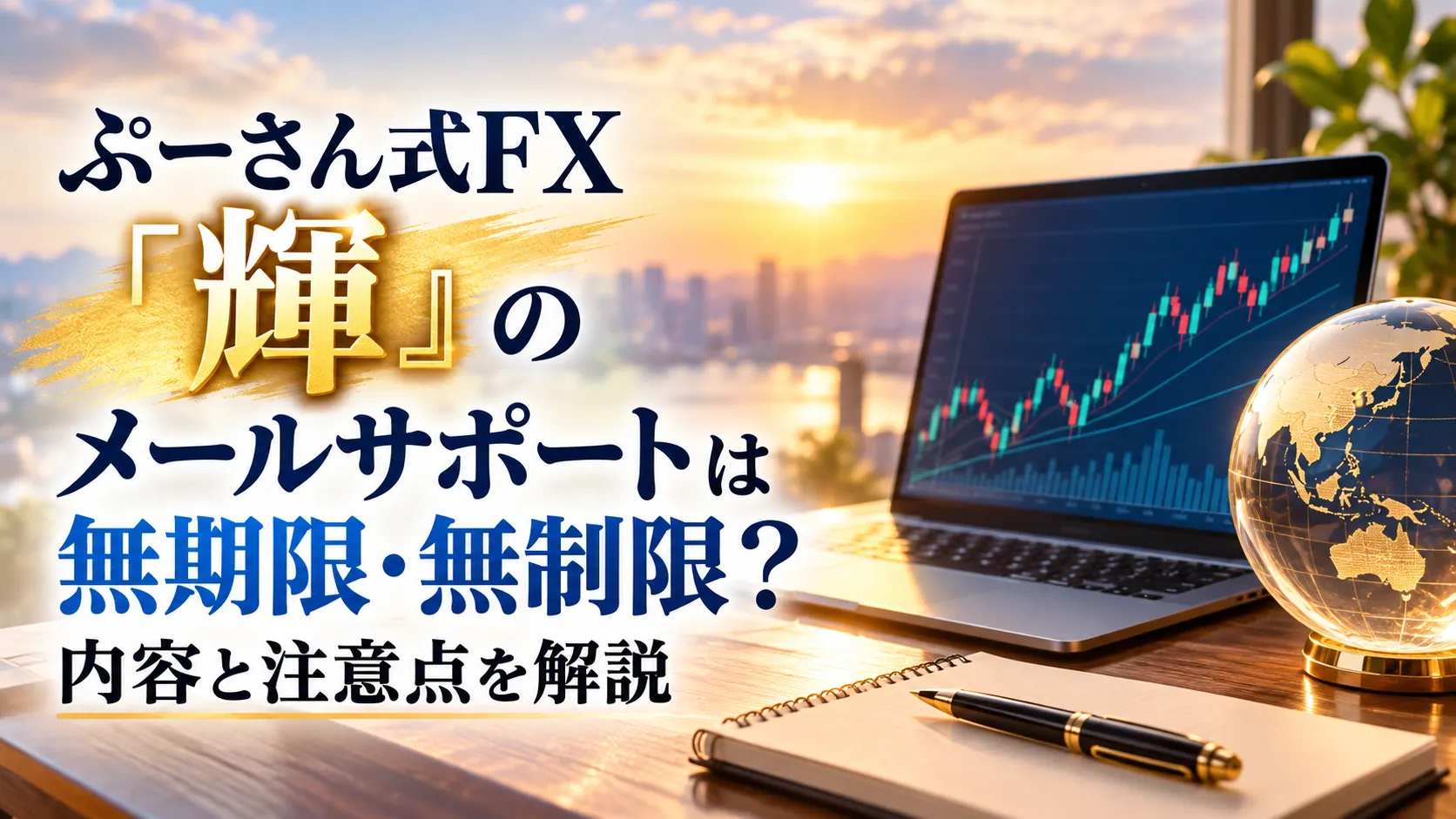 夕景を背景に、FXチャートを表示したノートパソコンと「ぷーさん式FX『輝』のメールサポートは無期限・無制限？内容と注意点を解説」というタイトルが配置されたアイキャッチ画像。