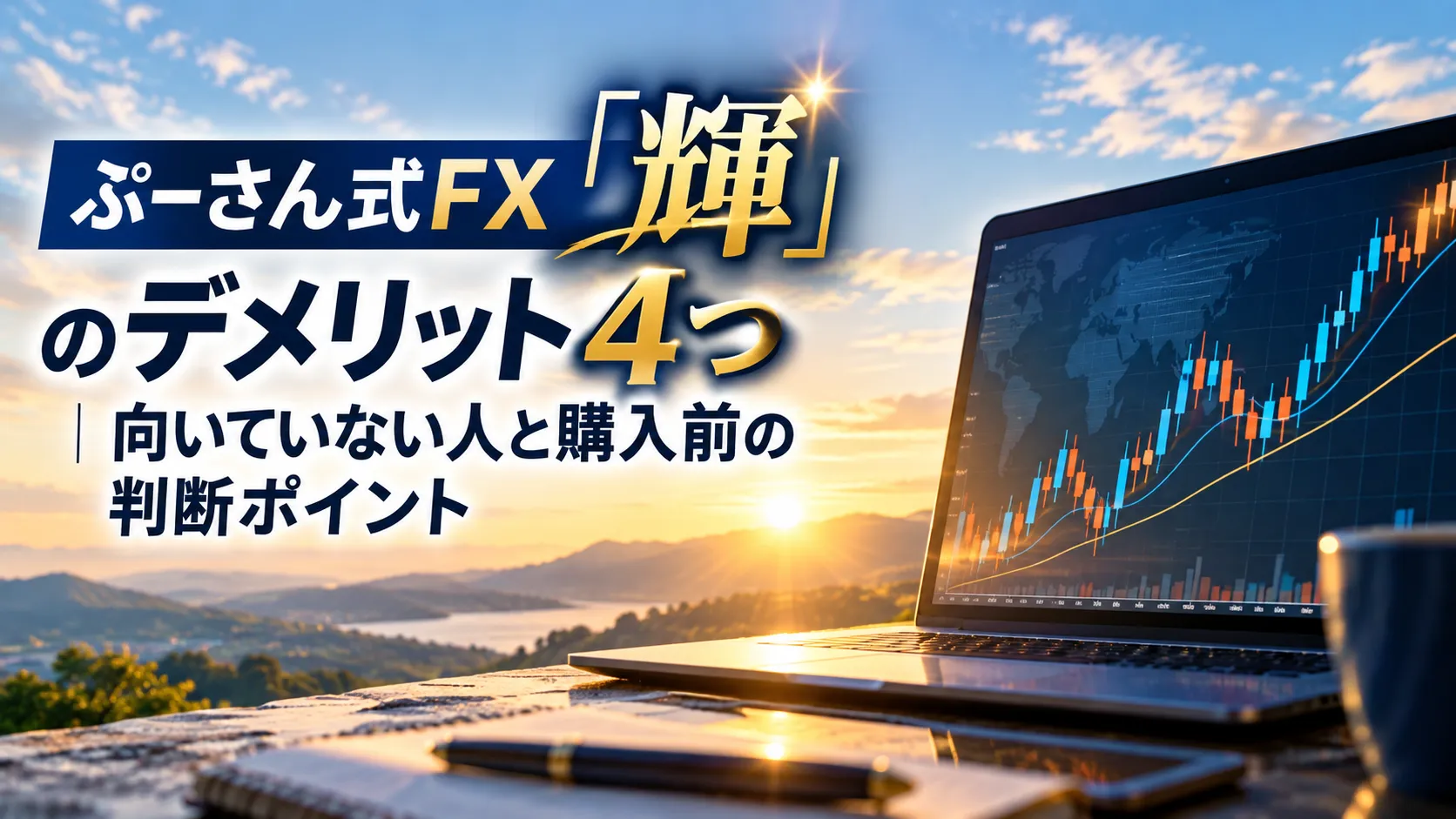 朝焼けの山並みを背景に、FXチャートを表示したノートパソコンと「ぷーさん式FX『輝』のデメリット4つ｜向いていない人と購入前の判断ポイント」というタイトルが配置された画像です。
